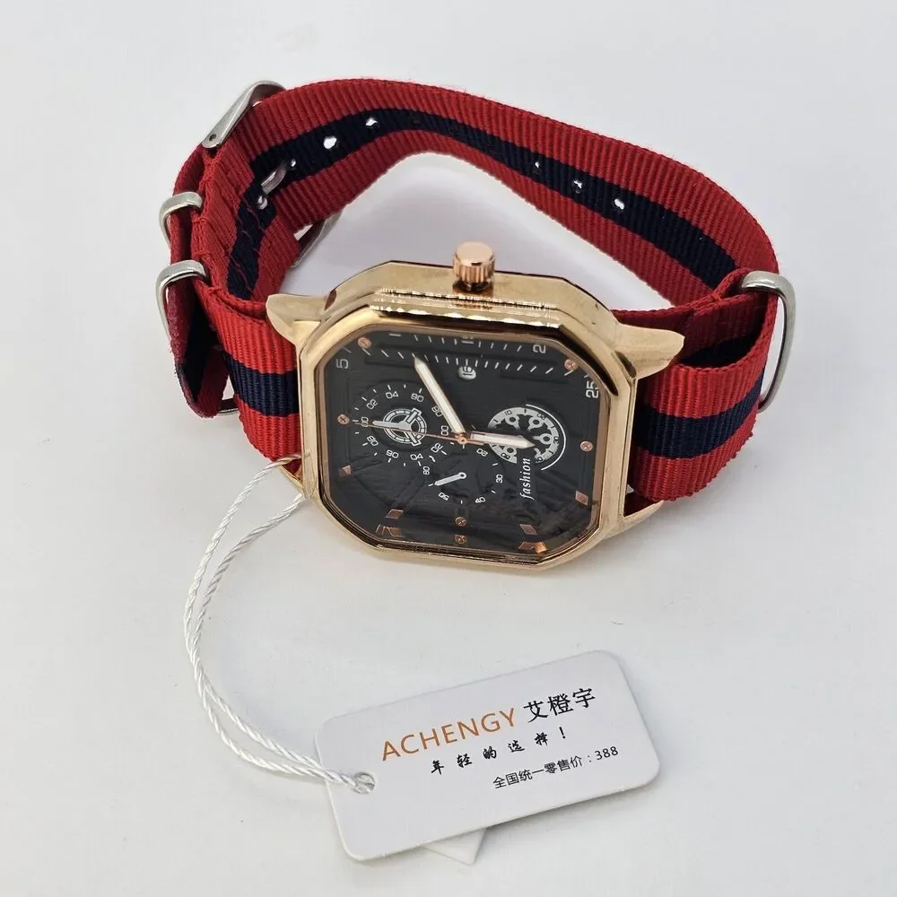 Men's Watch‎ 42MM Black Dial Gold Case Date Indicator Red Blue Canvas Band Strap